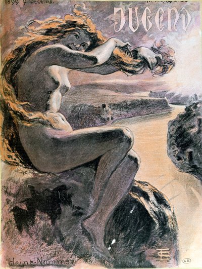 Lorelei en de Rijn, omslag van Jugend magazine speciaal nummer gewijd aan de dichter Heinrich Heine (1797-1856), 9 december 1899 door German School