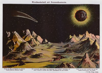 Maanlandschap, zonsverduistering en komeet van 1911 (kleurenlitho) door German School