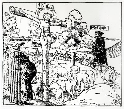 Luther (1483-1546) en Hus (1369-1415) met Christus in de schaapskooi, c.1520-21 door German School