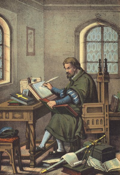 Luther vermomd als Junker Jorg in Wartburg vertaling van het Nieuwe Testament (chromolitho) door German School