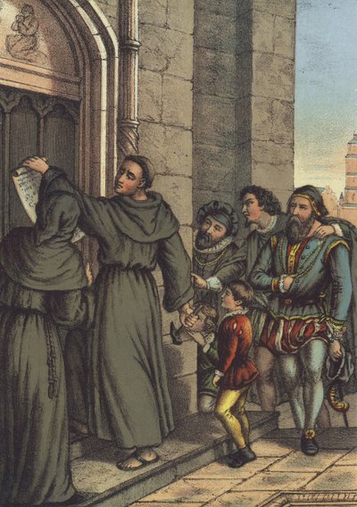Luther spijkert zijn 95 stellingen aan de deur van de Allerheiligenkerk, Wittenberg door German School