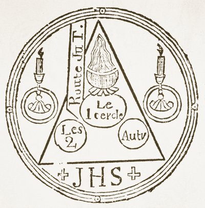 Magische Cirkel, kopie van een illustratie uit Dreyfacher Hollenzwang door Dr Faustens, Passau 1407, Gereproduceerd in Das Kolster Vol V, door J Scheible, 1845, gebruikt in Geschiedenis van de Magie, gepubliceerd eind 19e eeuw door German School