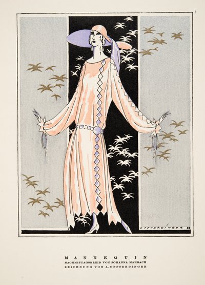 "Mannequin", advertentie voor Jurk van Johanna Marbach, uit Styl, pub.1922 (pochoirdruk) door German School