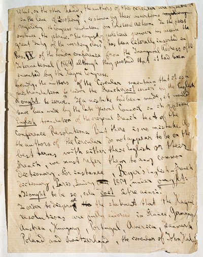 Manuscriptpagina van artikel door Karl Marx, in International Herald krant, gepubliceerd op 25 januari door German School