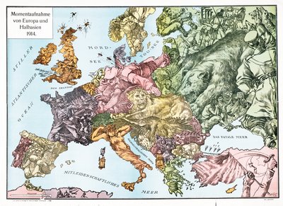 Kaart van Europa in 1914, pub.1915 (kleurenlitho) door German School