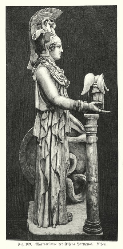 Marmeren standbeeld van de oude Griekse godin Athena, van het Parthenon, Athene (gravure) door German School