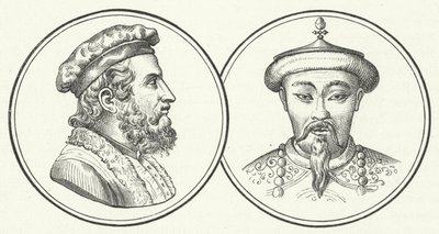 Marco Polo en Kublai Khan (gravure) door German School