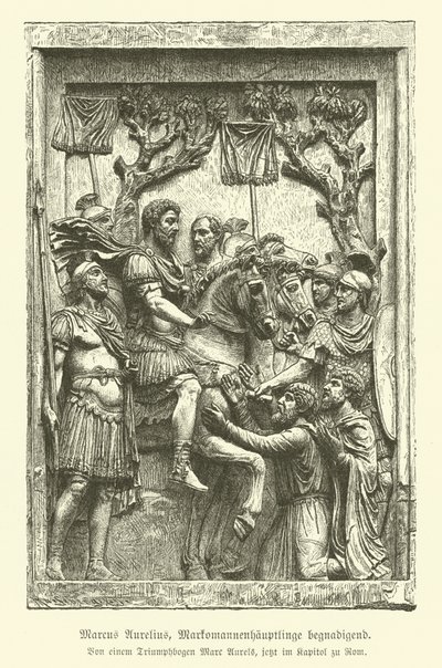 Marcus Aurelius vergeeft Marcomannische stamhoofden (gravure) door German School