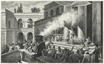 Marcus Antonius veroorzaakt een oproer met zijn redevoering bij de begrafenis van Julius Caesar, 44 v.Chr. door German School