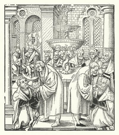 Maarten Luther en Jan Hus dienen de Heilige Communie toe aan de Saksische koninklijke familie door German School