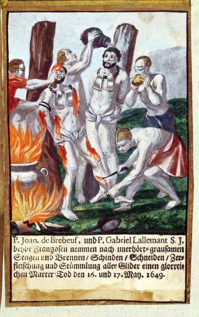 Martelaarschap van Jean de Brébeuf en Gabriel Lalemant door Iroquois, in Nouvelle-France 1649, uit Het Martyrologium van de Jezuïeten, 1688 door German School