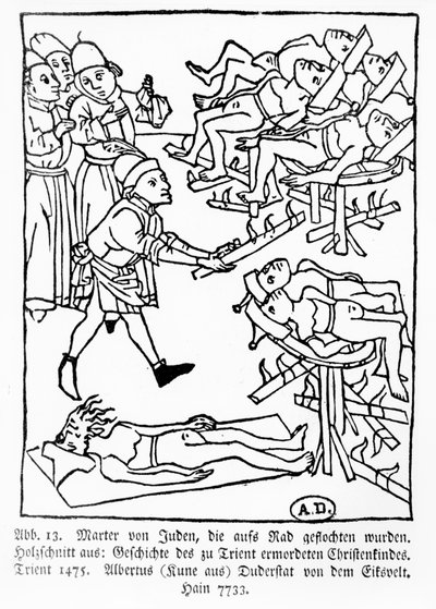 Martelaarschap van Joden op het rad, uit de Geschiedenis van het christelijke kind vermoord in Trente, gepubliceerd in Trente door Albertus Kune, 1475 door German School