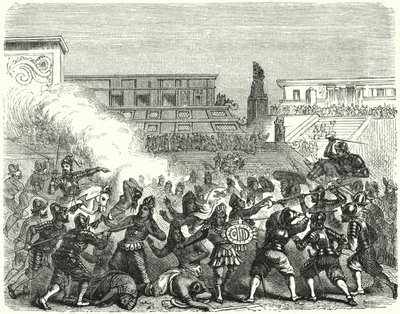 Bloedbad van Azteekse krijgers en edelen in Cholula door de Spaanse conquistadores van Hernan Cortes door German School