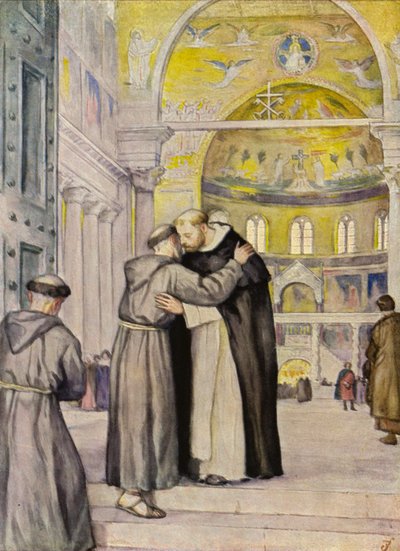 Ontmoeting van Franciscus en Dominicus (kleurenlitho) door German School