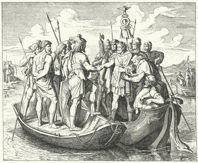Ontmoeting van de Romeinse keizer Valens en de Visigotische koning Athanaric aan de Donau, 369 door German School