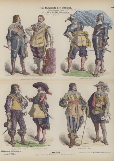 Mannenkostuums van de eerste helft van de 17e eeuw (gekleurde gravure) door German School