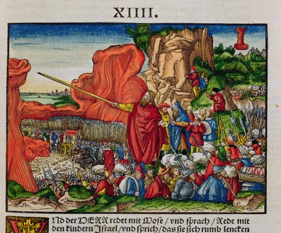 Mozes steekt de Rode Zee over, uit de Luther Bijbel, ca. 1530 door German School