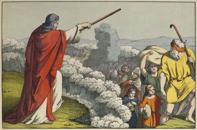 Mozes scheidt de wateren van de Rode Zee, illustratie uit L