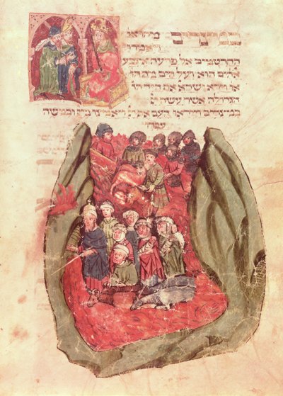 Mozes leidt de kinderen van Israël door de Rode Zee uit een Joods gebedenboek, Hamburg, 1427 (manuscript) door German School