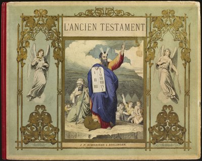 Mozes ontvangt de stenen tafelen van de Wet van God op de berg Sinaï, frontispice illustratie uit L