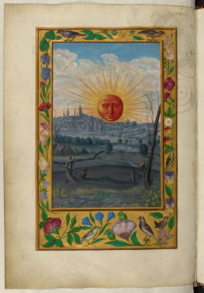 Ms Harley 3469, f.33v Zon met menselijk gezicht opkomend, het Vijfde Verhandeling, uit 