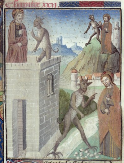 Ms Hunter 36 f.110r De drie scènes van de verleiding, uit Vita Christi, door Ludolf van Saksen, ca. 1300-7778 door German School