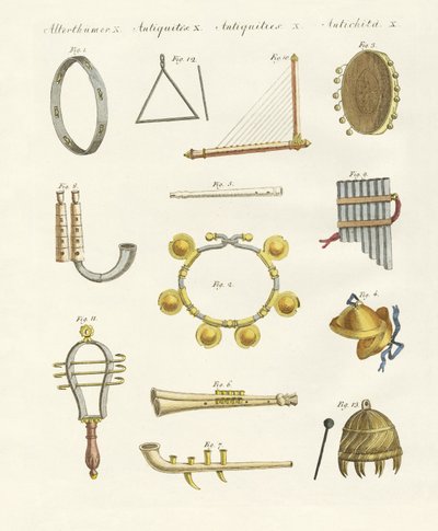 Muziekinstrumenten van de oudheid -- fluiten, ratels en bekkens door German School