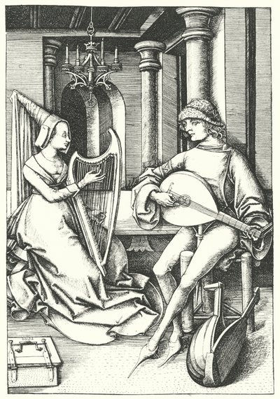 Muzikanten die luit en harp spelen in een landhuis in de 15e eeuw (gravure) door German School