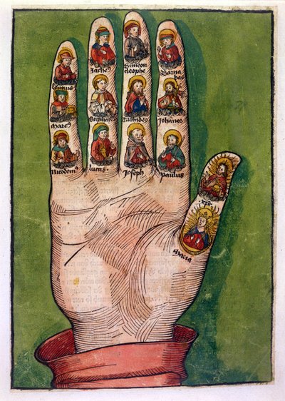 Mystieke hand van Bridget van Zweden die Christus, de Maagd Maria, apostelen en anderen afbeeldt, 1491 door German School
