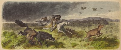 Inheemse Amerikanen en dieren vluchten voor een prairiebrand (gekleurde gravure) door German School
