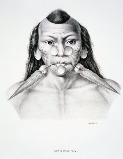 Inheemse man van de Maxuruna-stam, met gezichtsdecoratie, uit Atlas van een reis in Brazilië door Dr. von Spix en Dr. von Martius door German School