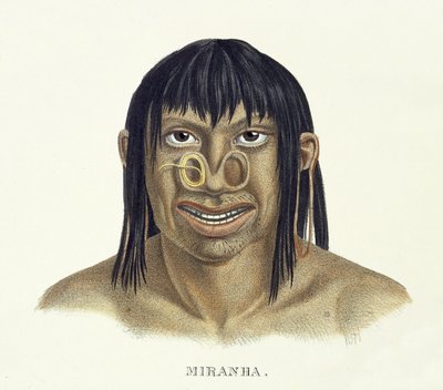 Inheemse man van de Miranha-stam, met neusdecoratie, uit Atlas van een reis in Brazilië door Johann Baptist von Spix (1781-1826) en Karl Friedrich Philipp Martius (1794-1868), gepubliceerd ca. 1835-50 door German School