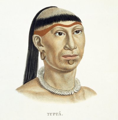 Inheemse man van de Yupua-stam, met geplukt en geschoren haar en een ketting gemaakt van dierentanden, uit Atlas van een reis in Brazilië door Johann Baptist von Spix (1781-1826) en Karl Friedrich Philipp Martius (1794-1868) door German School