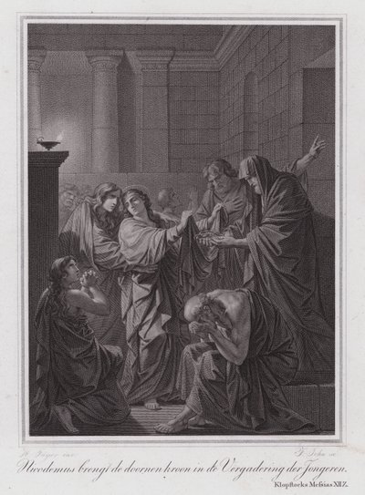 Nicodemus brengt de doornenkroon in de vergadering van jongeren (gravure) door German School