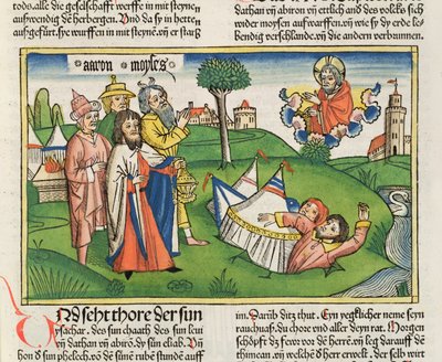 Numeri 16:32 De aarde slokt de rebellen Dathan en Abiram op, uit de Neurenbergse Bijbel (Biblia Sacra Germanaica) door German School