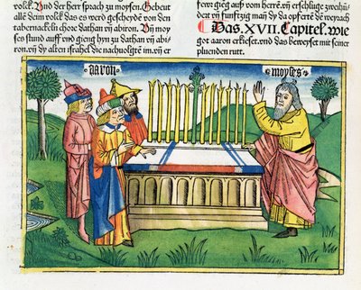Numeri 17:1-11 Aarons staf bloeit op het altaar, uit de Neurenbergse Bijbel (Biblia Sacra Germanaica) door German School