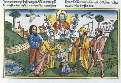 Numeri 27:18-23 Mozes legt zijn hand op Jozua, uit de Neurenbergse Bijbel (Biblia Sacra Germanaica) door German School