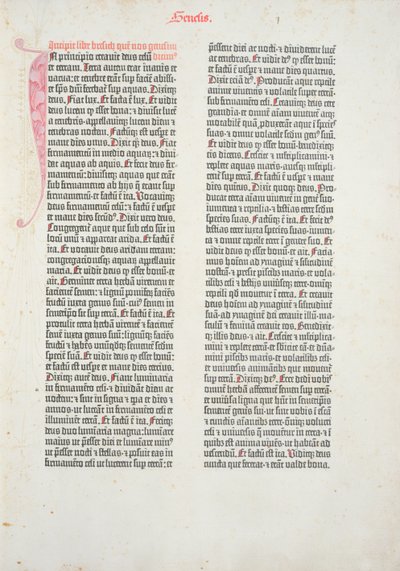 Openingspagina van het boek Genesis uit de Gutenberg Bijbel, gedrukt door Johannes Gutenberg (c.1400-68) en Peter Schoeffer (1425-1502) in Mainz, 1454-56 door German School