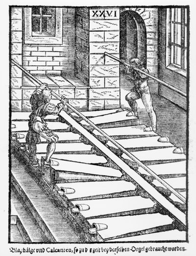 Orgelbalgen en blazers in de kathedraal van Halberstadt, uit Praetorious Syntagma Musicum, gepubliceerd in 1619 door German School