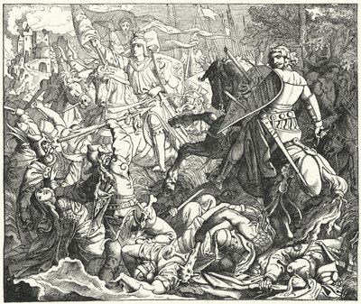 Otto I van Duitsland verslaat de Magyaren in de Slag bij Lechfeld, 955 door German School