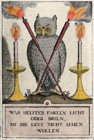 Uil met bril, symbool van wijsheid. Gravure van het "Amphitheatrum sapientiae aeternae". (Amfitheater van eeuwige wijsheid) (Hamburg: n.n.) door German School
