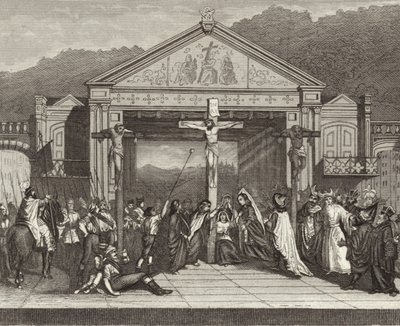 Passiespel in Oberammergau, Beieren, Duitsland. Illustratie voor Bilder-Atlas (gravure) door German School