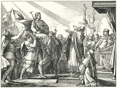 Pepijn de Korte uitgeroepen tot koning van de Franken, 751 (gravure) door German School