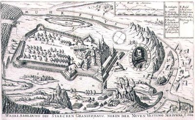 Plan van de granieten vesting bij New Serinwar in 1664, illustratie uit een boek over de Ottomaanse campagnes in Europa, gegraveerd door Paul Furst (gravure) door German School