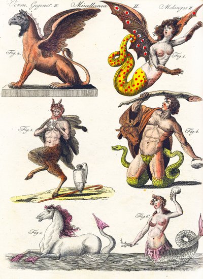 Plaat met verschillende mythologische hybriden, 1830 door German School