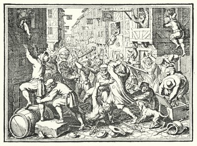 Plundering van de Judengasse, het Joodse getto van Frankfurt, tijdens de Fettmilch-opstand, 1614 door German School