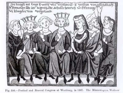 Poëtisch en Muzikaal Congres, Wartburg, 1207, illustratie uit Wetenschap en Literatuur in de Middeleeuwen en de Renaissance, geschreven en gegraveerd door Paul Lacroix, 1878 door German School