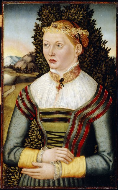 Portret van een vrouw. Schilderij van een meester uit Oost-Duitsland (actief 16e eeuw) door German School