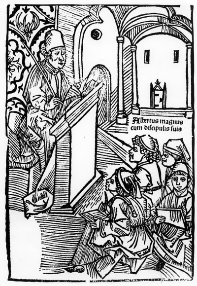 Portret van Albertus Magnus met enkele van zijn leerlingen, illustratie voor de titelpagina van Epitomata, reparaties, of het geheel van de natuurfilosofie van Aristoteles door Gerardus de Harderwyck, gepubliceerd 14 door German School