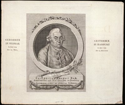 Portret van Carl Philipp Emanuel Bach (1714-88) gegraveerd door C. D. Krohn, 1788 door German School
